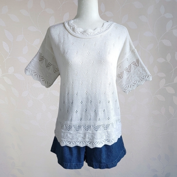 Vintage 60s College Point Pointelle Sweater Top Scallop Knit Short Sleeve Cream - Picture 2 of 13
